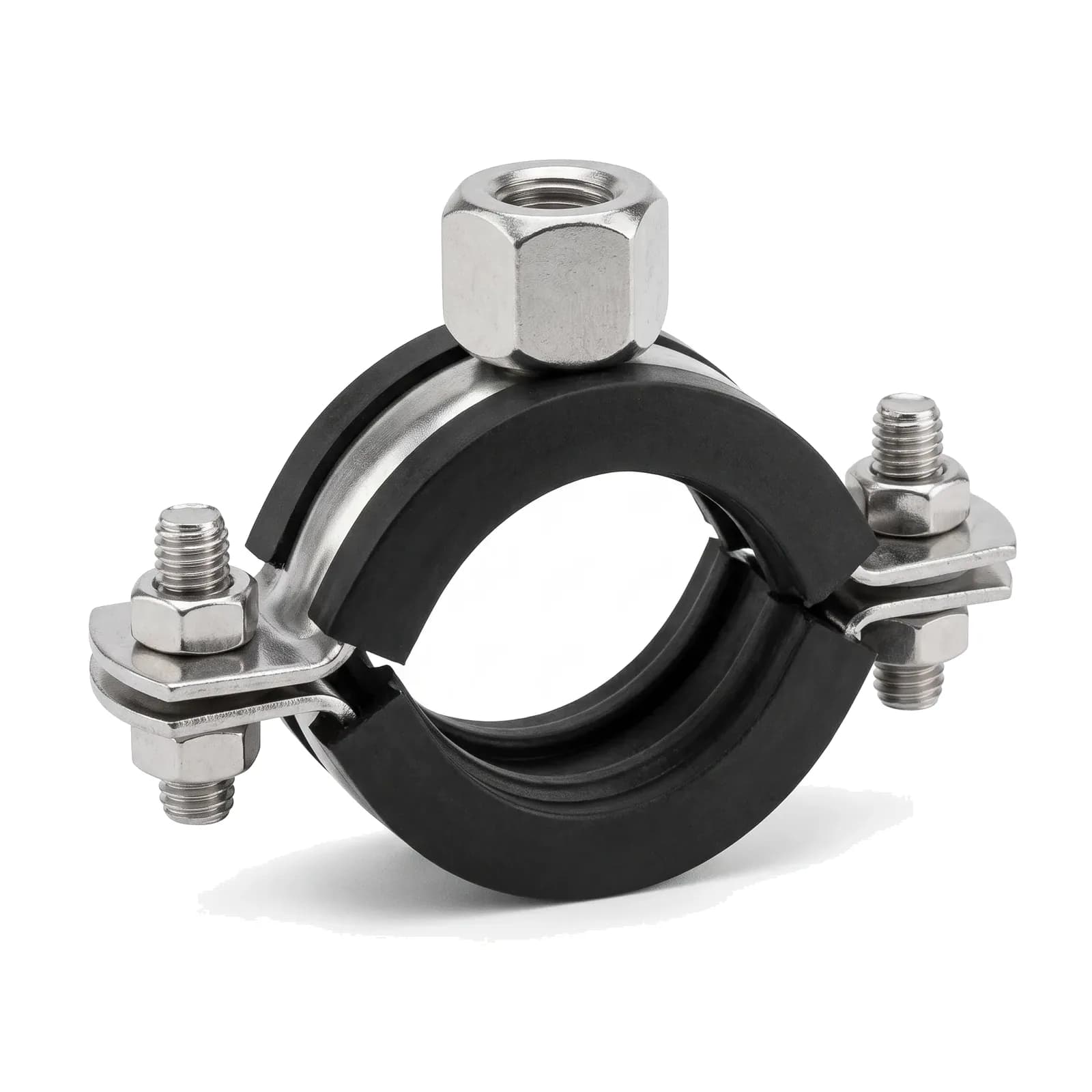 Abrazadera de dos tornillos con forro de goma, acero inoxidable